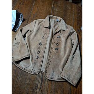 Chicos Size 1 Medium Size 8 Tan Suede Leather Open Front Jacket Blazer Embellish